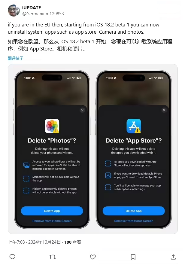 海棠苹果手机维修分享iOS 18.2 支持删除 App Store 应用商店 